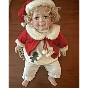 Cathay Collection Porcelain Doll "Annie" –‎ 22" Christmas Outfit – Blonde Curly